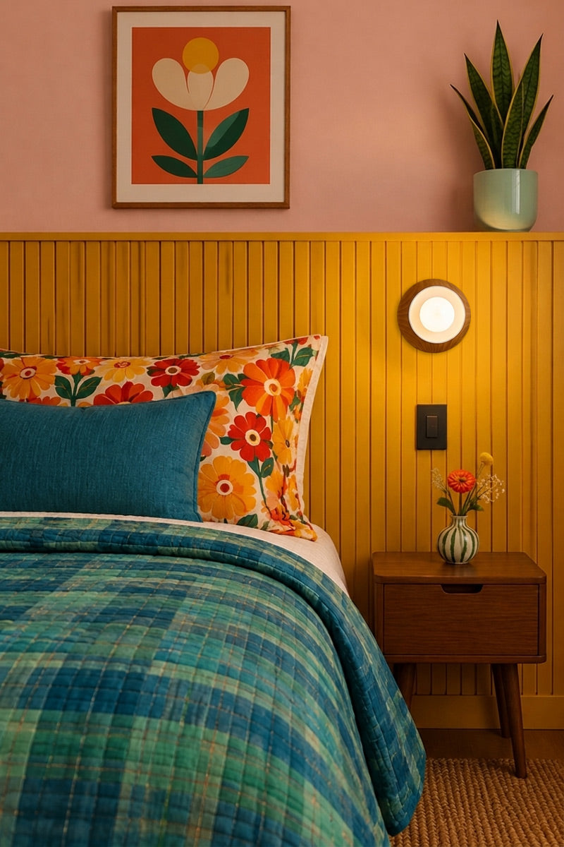 Wood base wall light with bakelite bowl shade in white over a bedside king size.