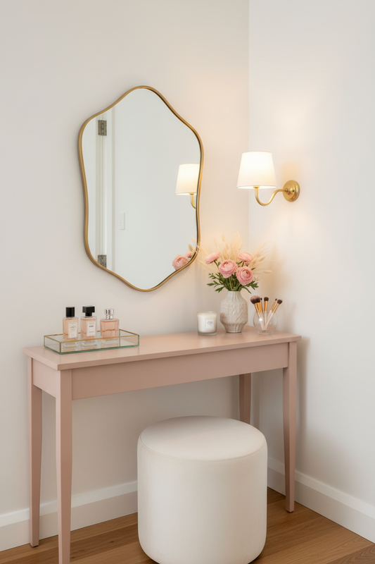 Gold/brass gooseneck with white shade beside a desk. Small nook in bedroom