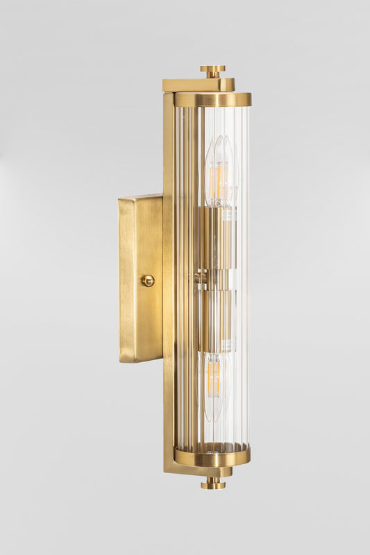 Art deco wall  light with clear glass and a steel satin brass finished bracket. 