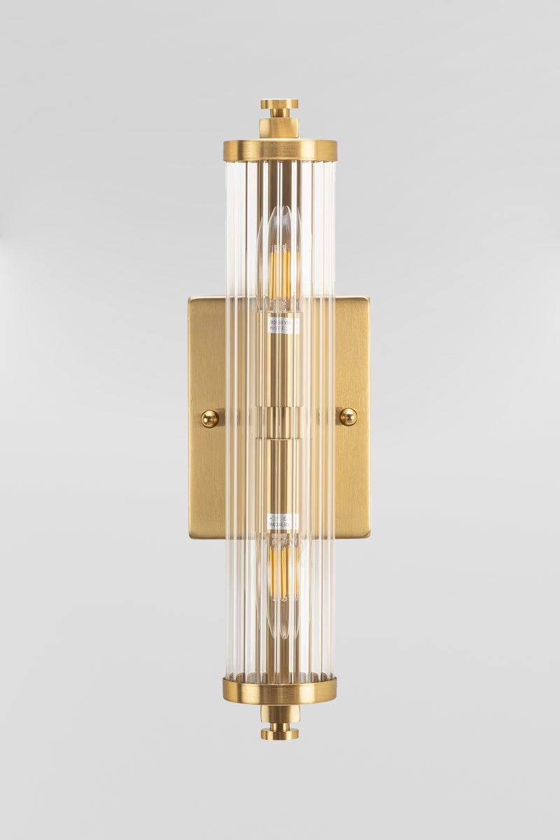 Front view of the Art deco wall  light with clear glass and a steelsatin brush finished bracket. 