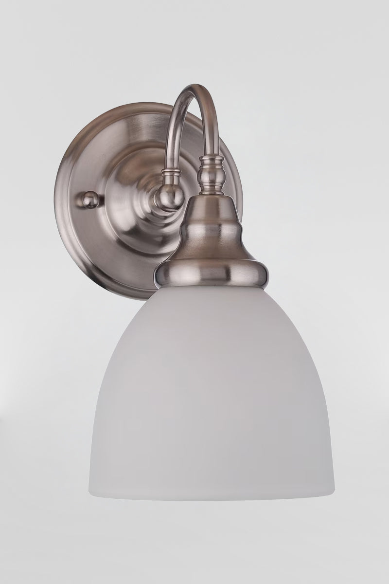 Brushed nickel wall light with gooseneck arm and open opal glass shade. 