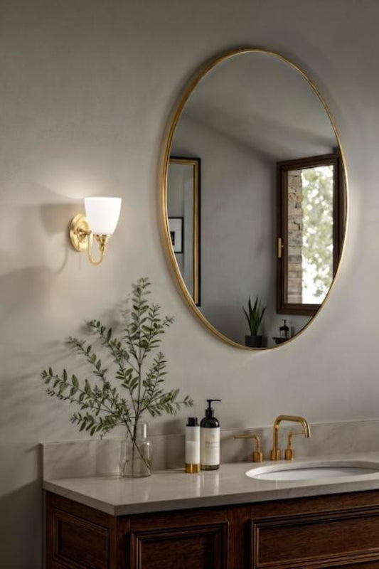 Satin Brass single gooseneck wall light with opal shade facing upwards. 