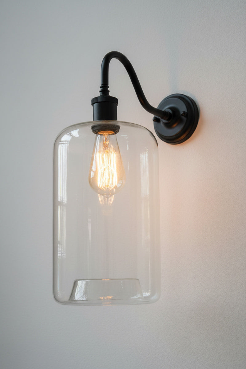 Black gooseneck wall light with cylinder shade