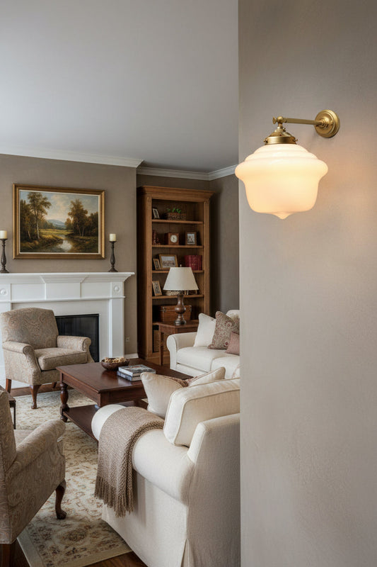Schoolhouse shade on a gold/brass straight arm wall sconce in a living room