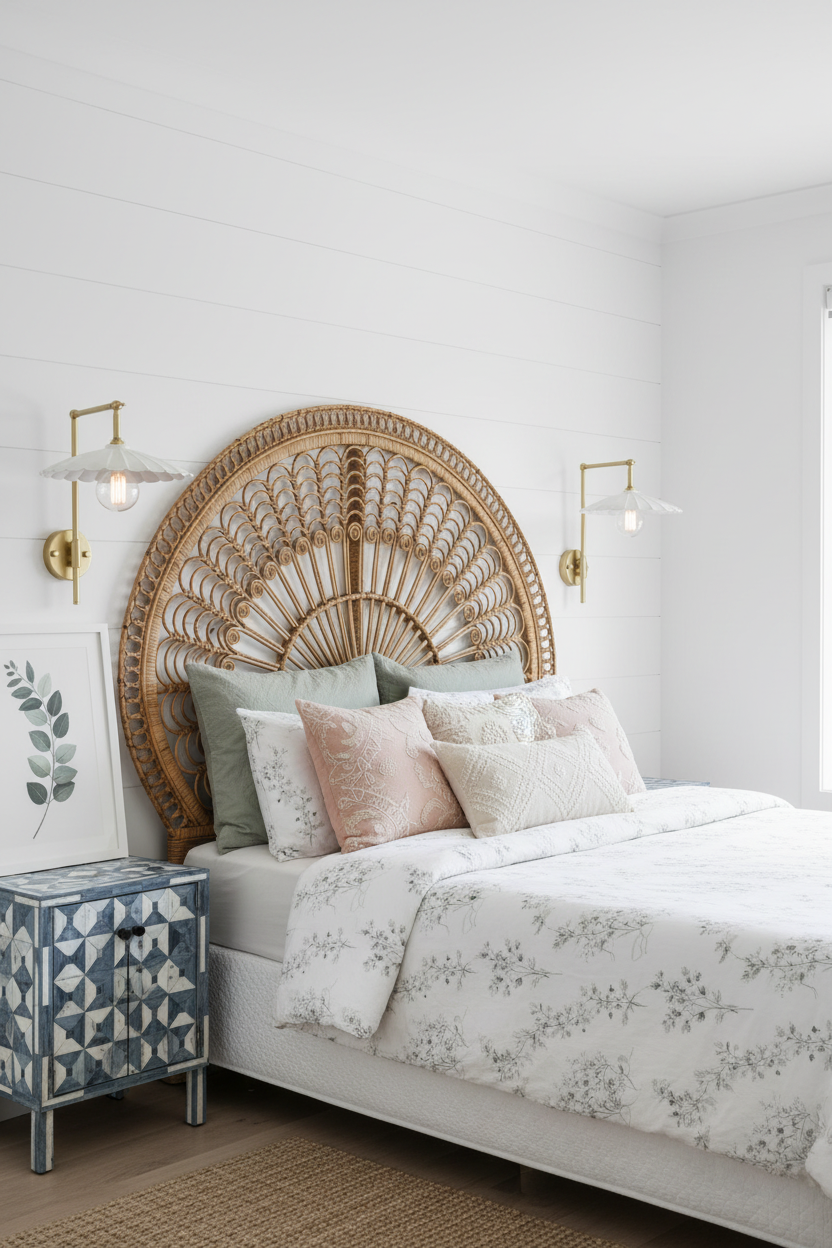 bedside lighting with umbrella gold arms and white shades