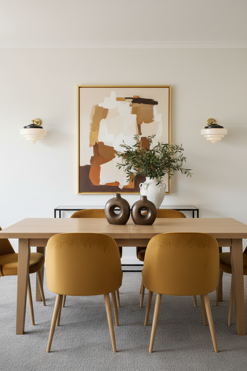 A modern dining room setup featuring a light wood dining table and mustard yellow velvet chairs, a large abstract painting in a gold frame, flanked by two wall lights.