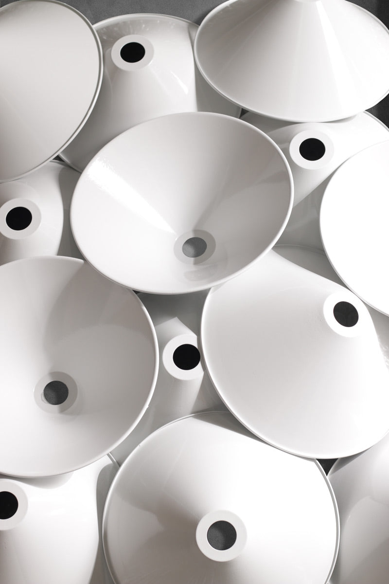 White steel cone style shades. 