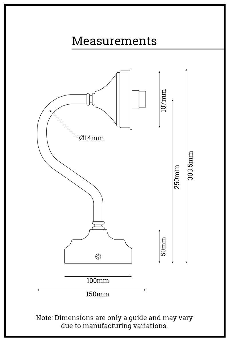 Measures diagram for the exterior gooseneck wall arm with a 4 1/4inch Integrated lampholder.
