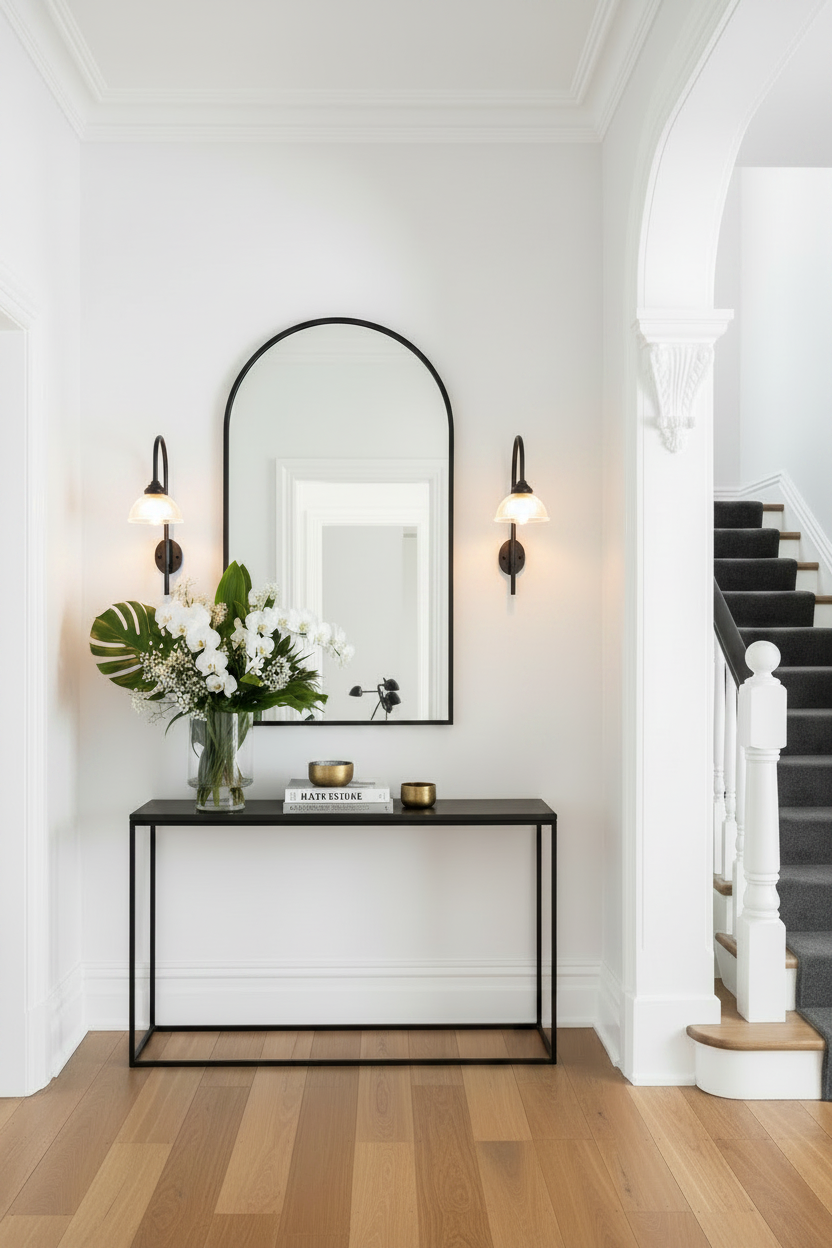 A modern black console table with a large arched mirror above it and two wall lights flanking mirror and a staircase on the right.