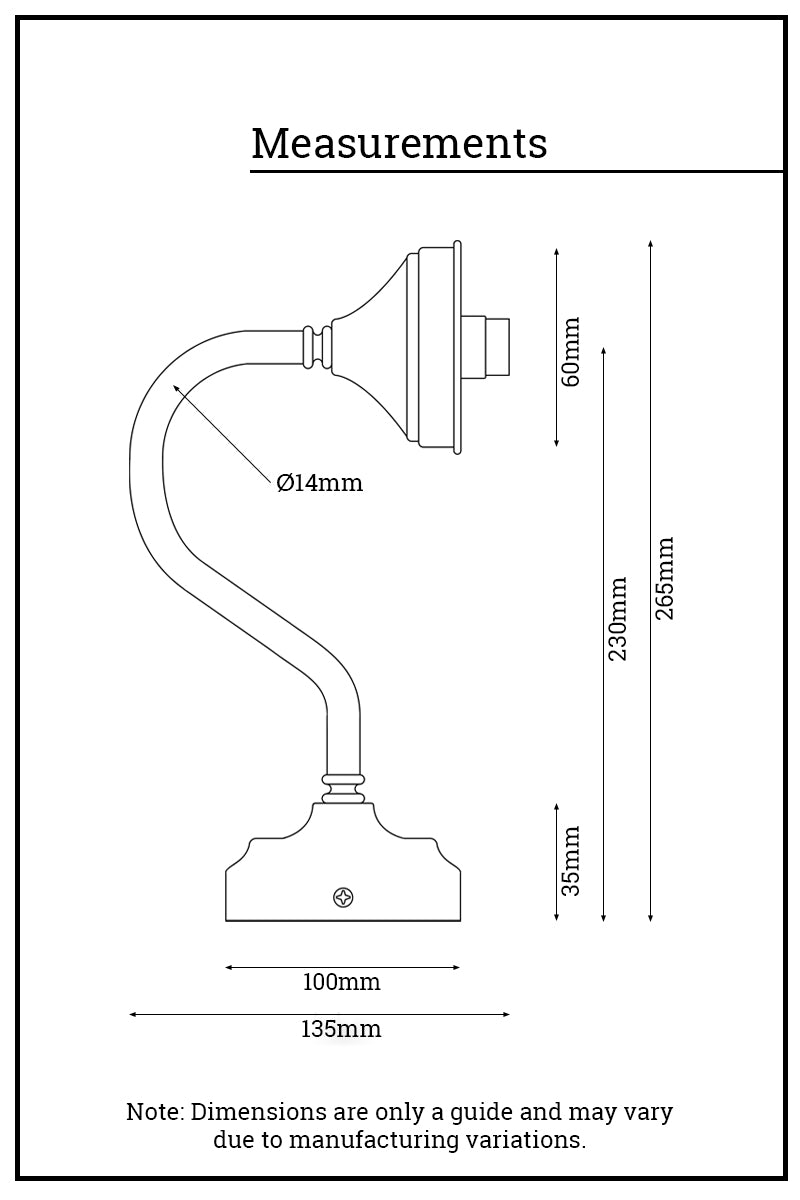 Dimension illustration of the 2 1/4 inch integrated gallery, gooseneck wall sconce. 
