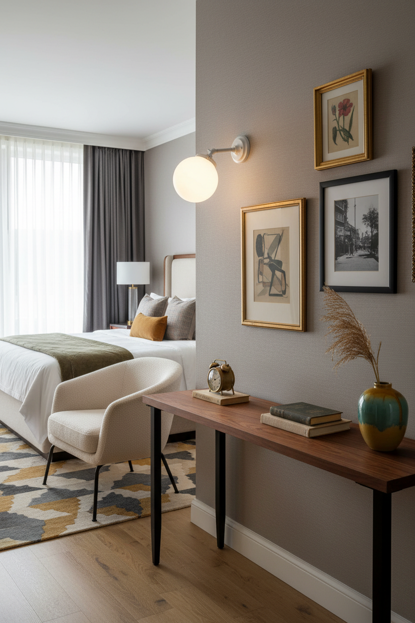 Modern hotel bedroom with a tiltable wall light, bed and wall art
