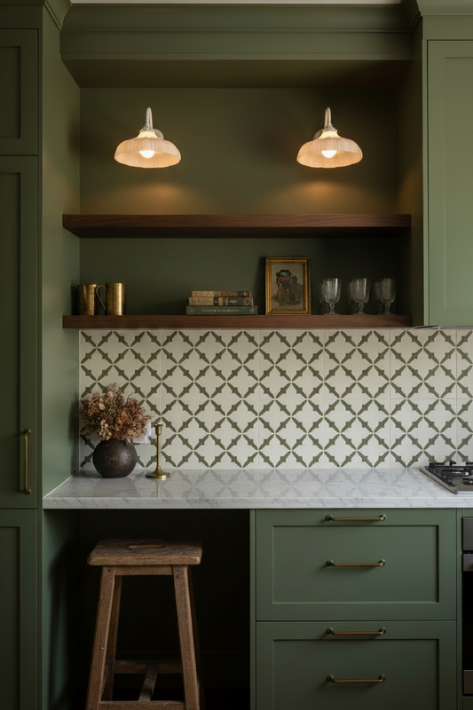 A kitchen shelf with two white wall lights with opal shades. Sage green cabinets, a marble countertop.