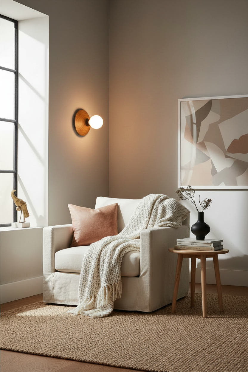 Wood-wall-light-opal-bulb in a living room in a minimalistic room 