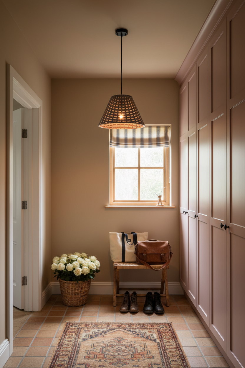 A warm, styled entryway with a woven pendant light hanging over a bench holding bags and shoes, with a patterned rug on tiled floor and pink cabinetry on the right.