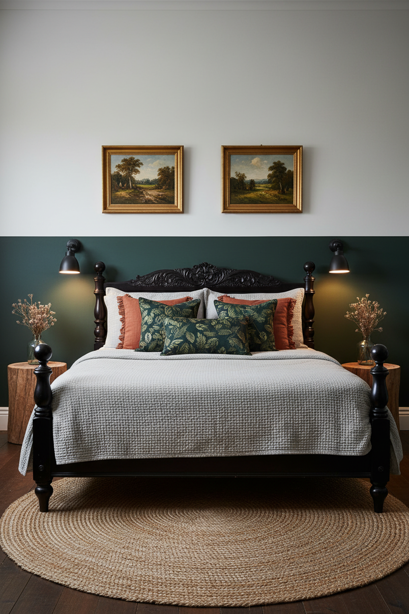 Black shade on batten holder mounted on the wall of green tone bedroom. 