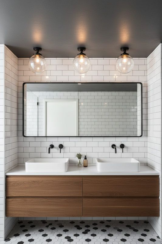 modern bathroom with vaniety and three flush mounts with clear glass 
