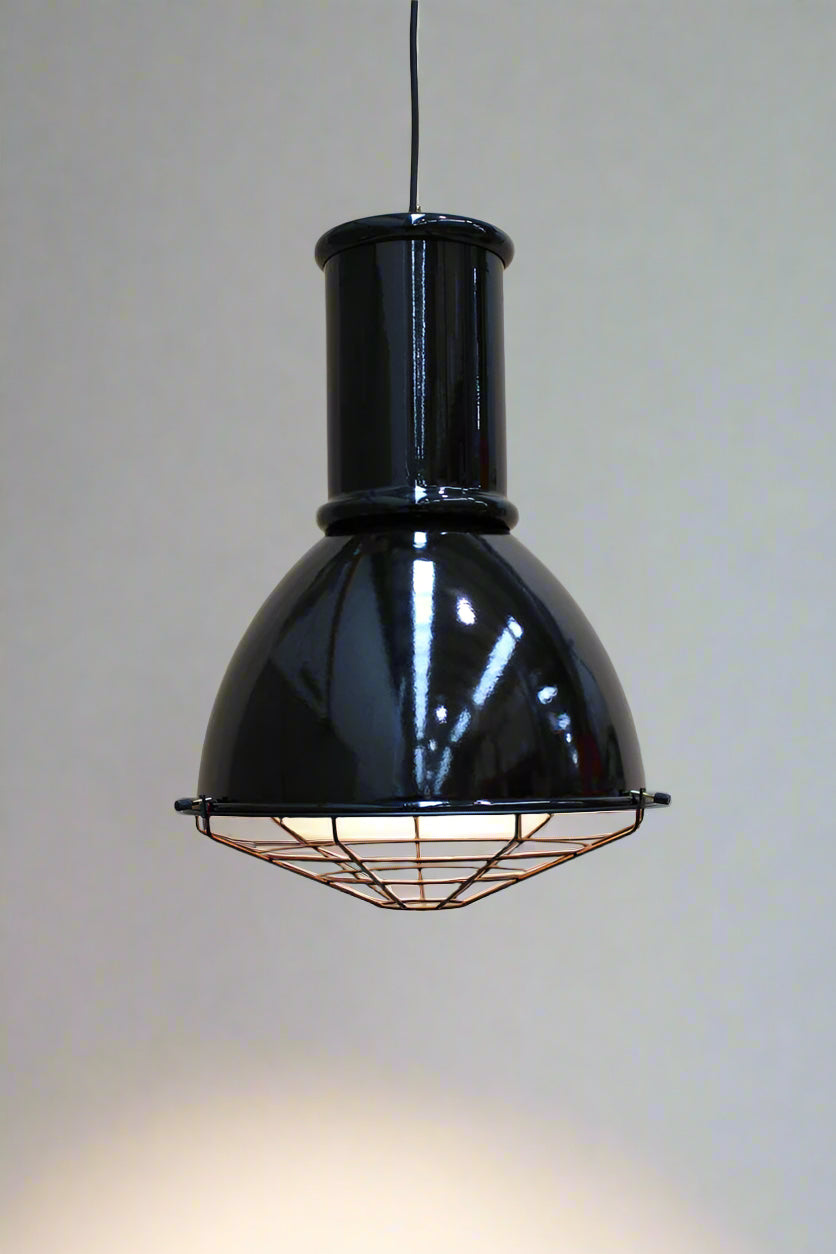 Black loft shade with tall black shade cap and cage guard. 
