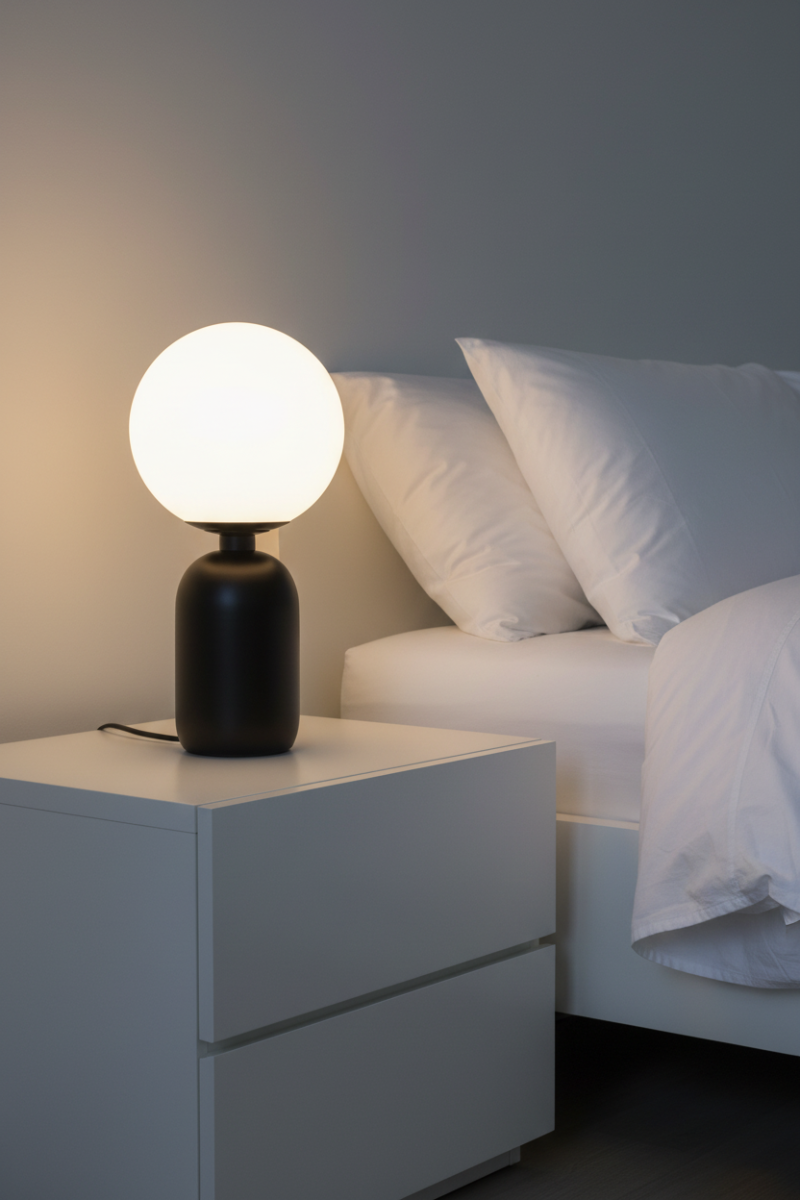 Black table lamp with opal glass ball shade. 