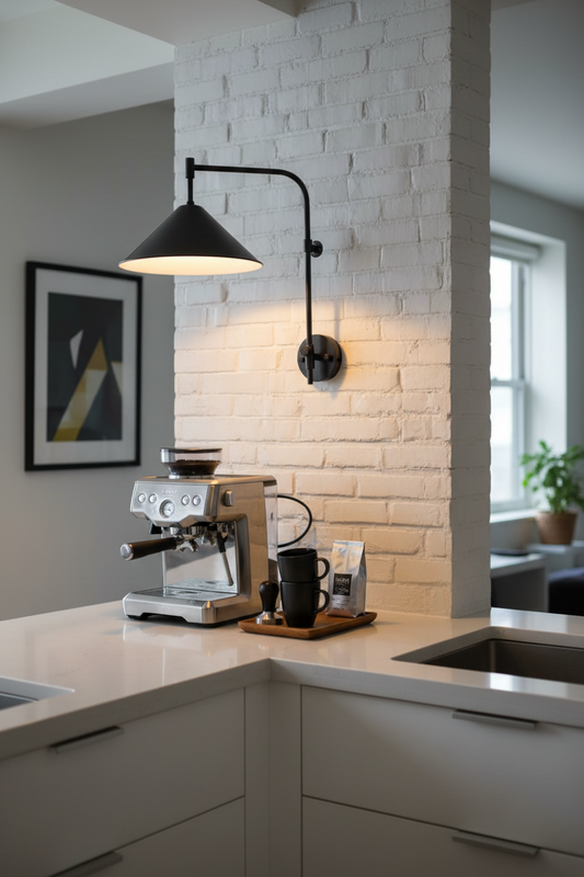 wall light over coffee machine in kitchen
