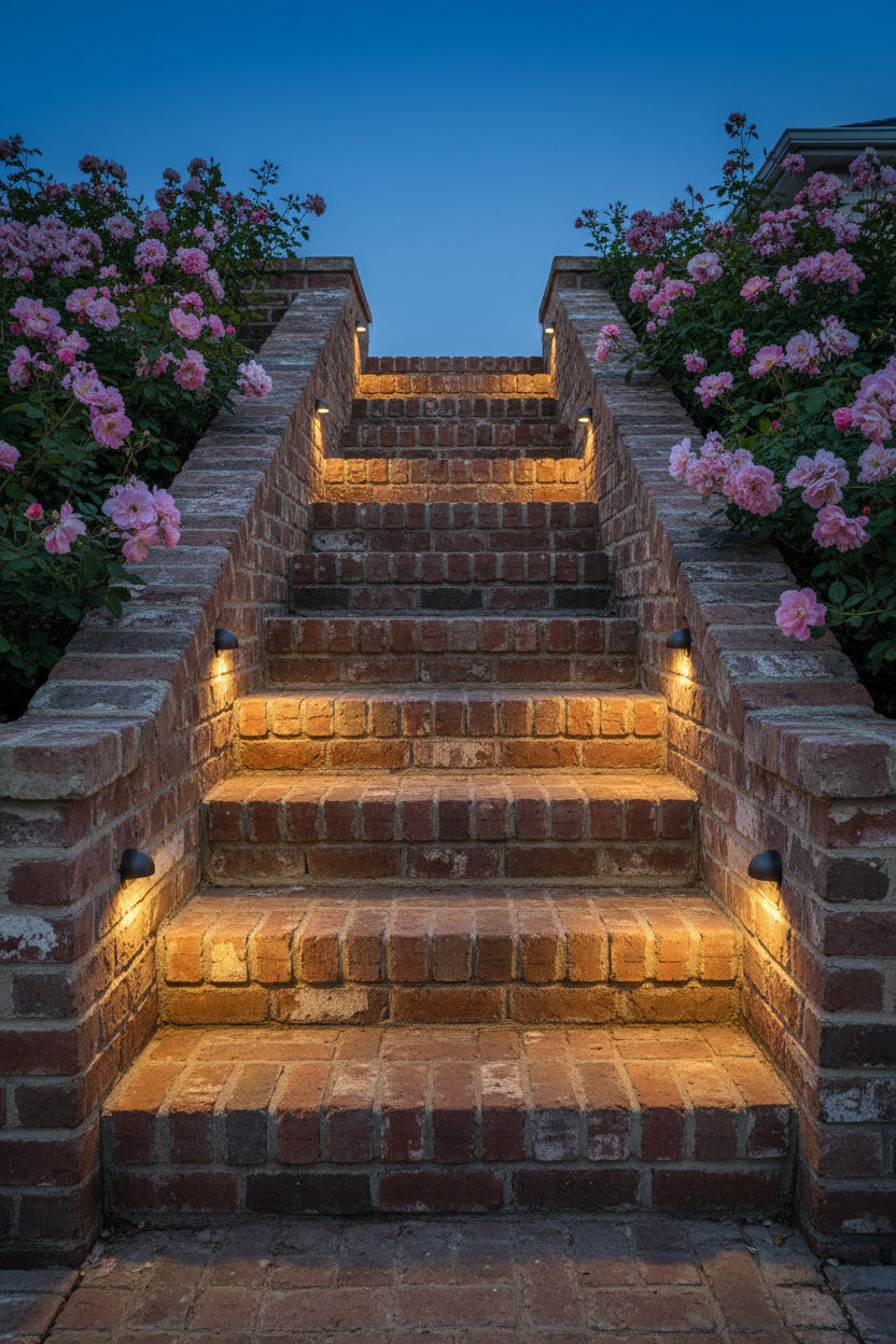 Rustic Brass step lights, lining up brick stairs. 