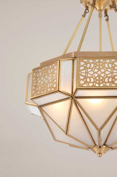 Close up of  brass pendant light showcasing an intricate lattice pattern