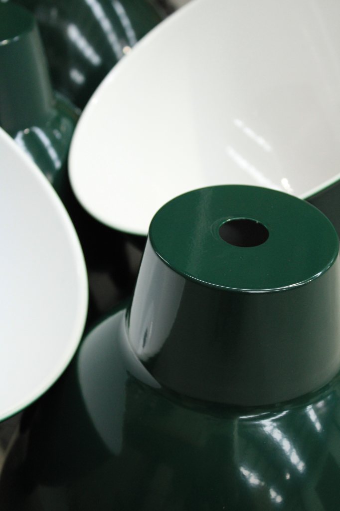 Steel industrial shade with federation green painted outer and white painted inner. 