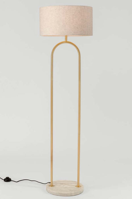 Floor Lamp in Satin Brass with a White Marble base and Flax Linen Shade