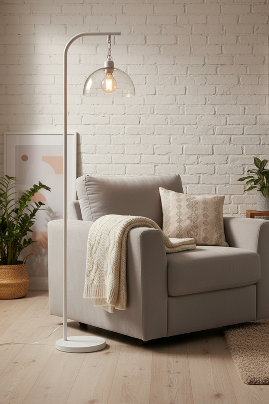 Gray armchair in a room with a white brick wall and a white standing floor lamp.