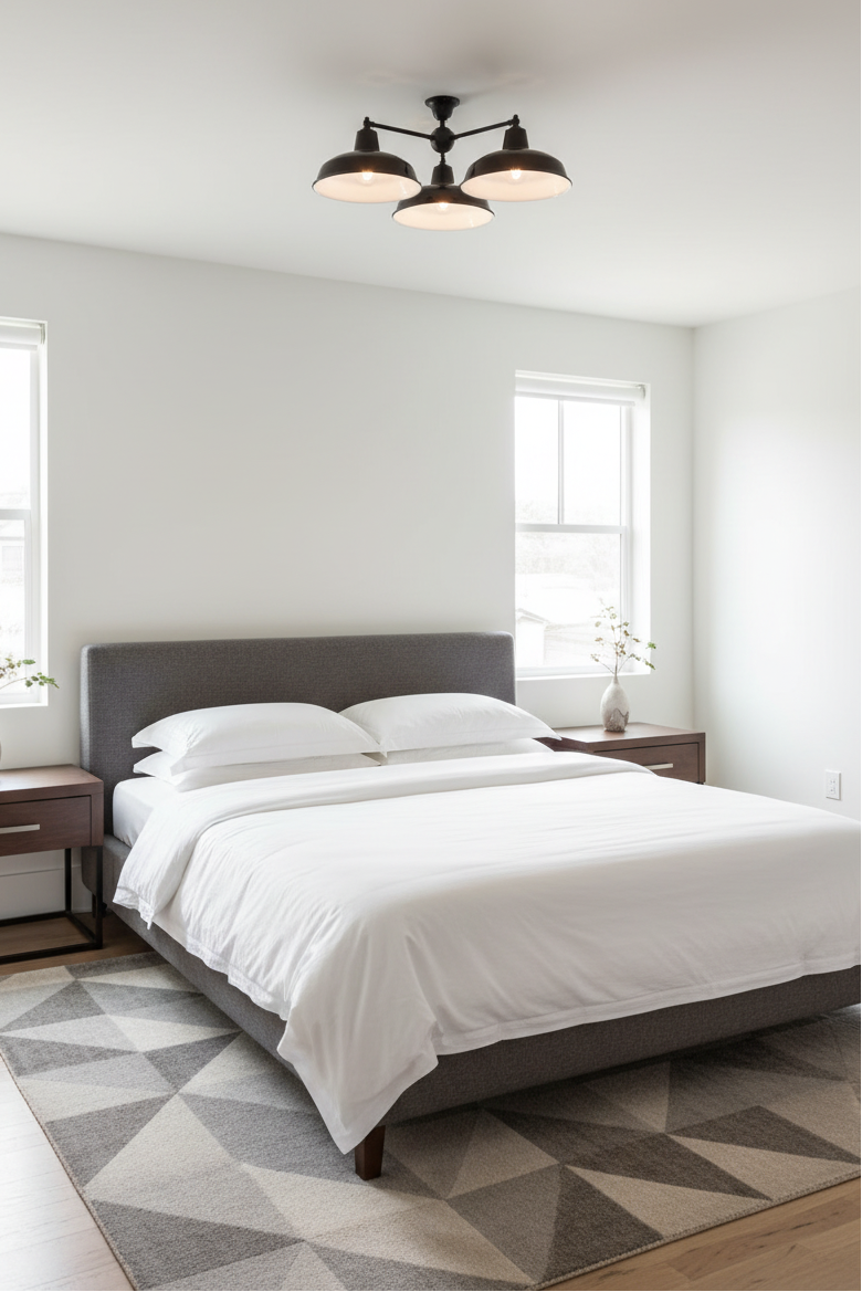 black warehouse flush mount light in a bright and modern bedroom. contemporary aesthetic. 