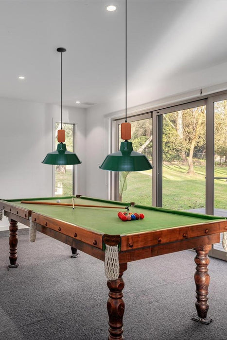 green Factory Woodtop Pendant Light over pool table