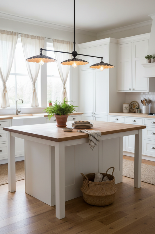 Kitchen with a wooden island and 3 light pendant light over it. Boho country vibe