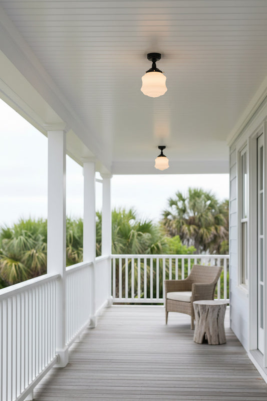 Two schoolhouse style opal shades on on flush mount fixtures installed under a verandah. 