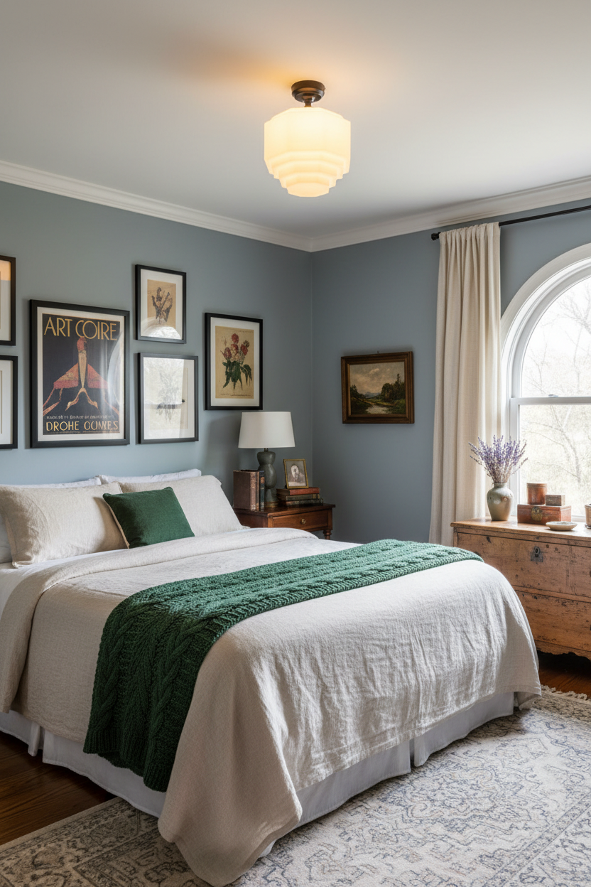 Cozy bedroom with a deco flush mount light, bed, nightstands, and wall art.