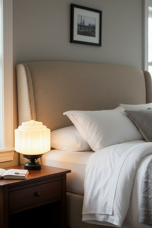 Deco glass lamp with gold base on table in bedroom on nightstand