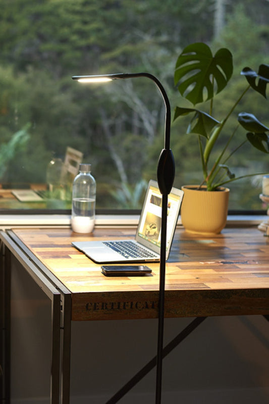 Black floor lamp as a desk light
