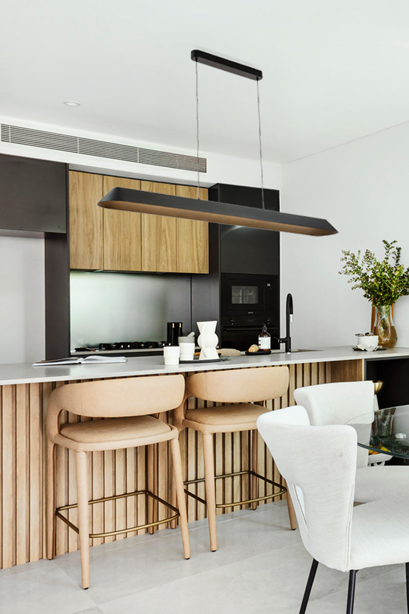 Black LED Linear Pendant Light, in a modern kitchen