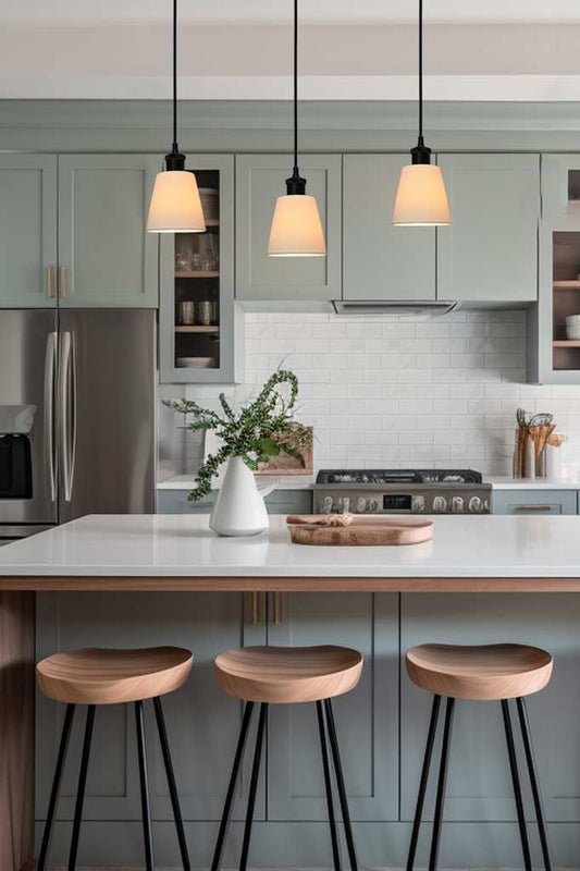 Cermaic lighting over kitchen isladn.