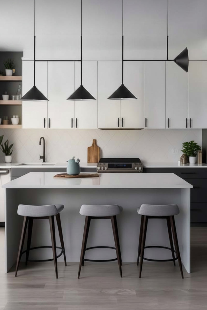 Cone Junction Light in black A B with black cones over kitchen bench