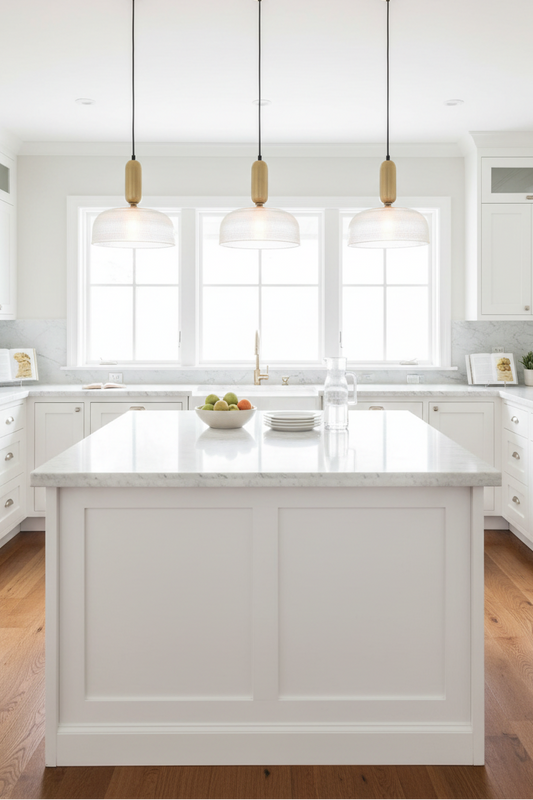 clear Chapman Glass with gold Tube Pendant over kitchen 
