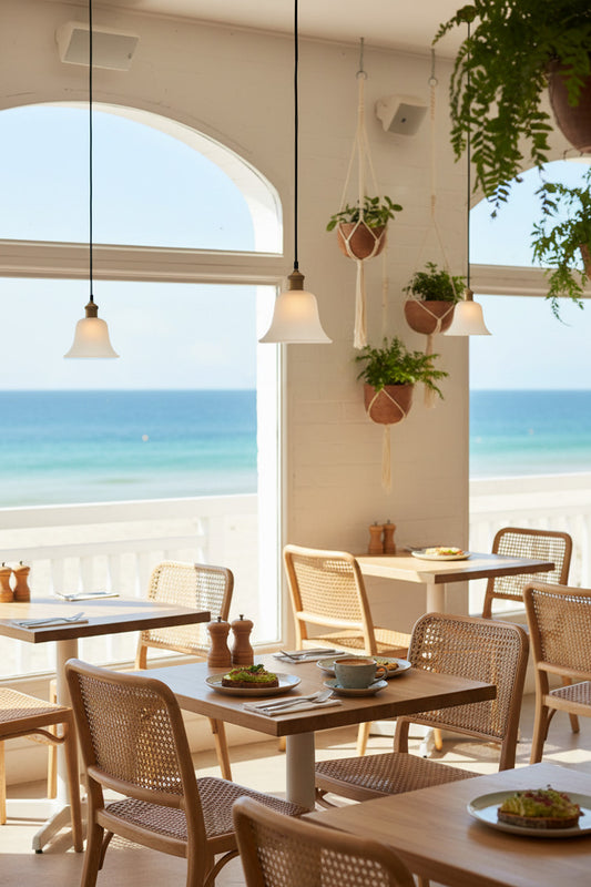 Annecy Glass Pendant Light in dining room interior with tables and chairs by large windows overlooking the ocean.