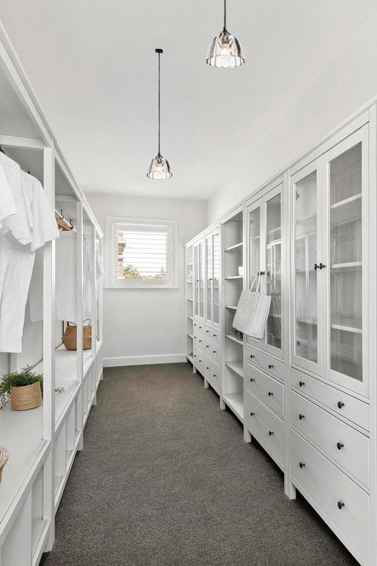 walk in wardrobe with glass pendant lights