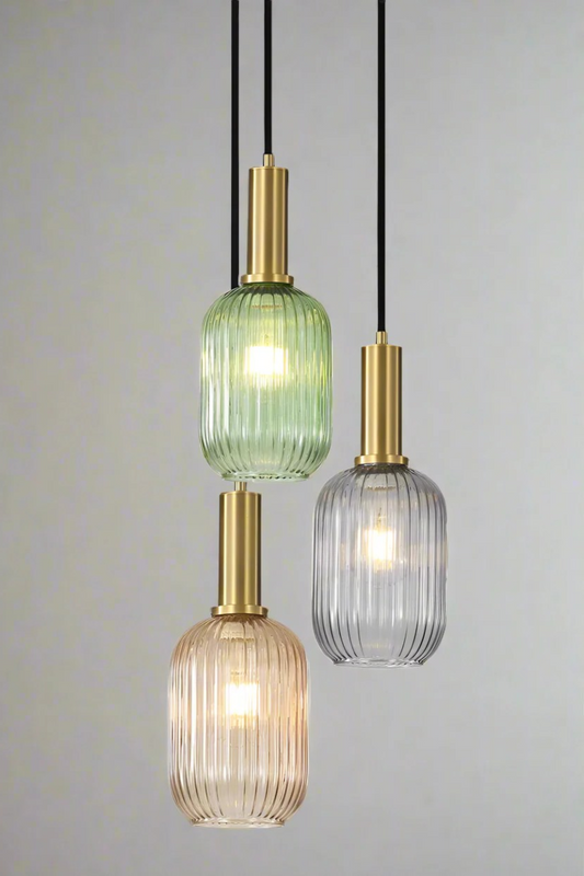 Tri light pendant with mix coloured shades. 