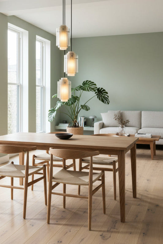 3 Drop layered glass pendant light in a natural dining space. 