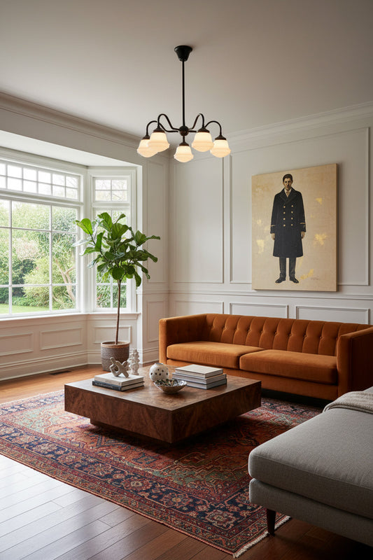 living room with rug, sofa and 5 light Colton Schoolhouse Gooseneck Chandelier with five opal schoolhouse shades to light up the room