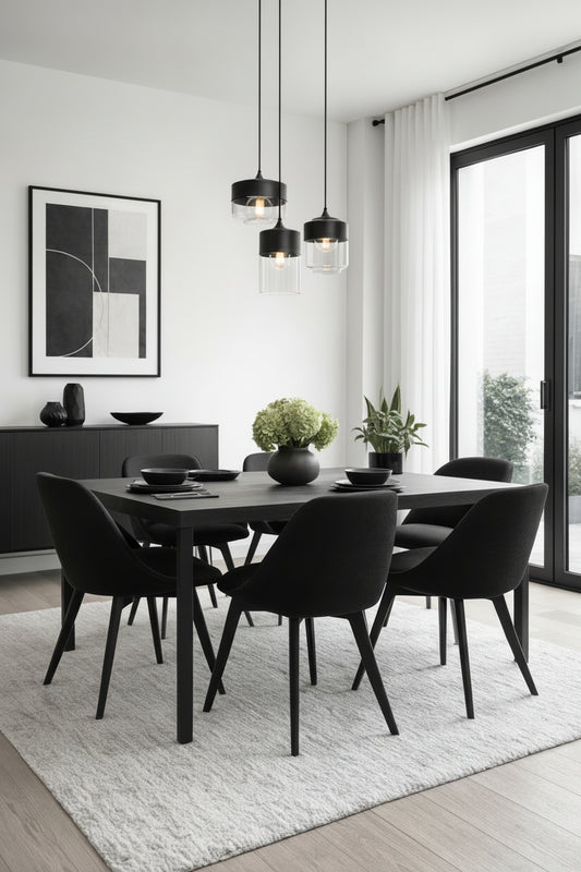 Black and clear glass pendants as a layered installation over a dining space. 