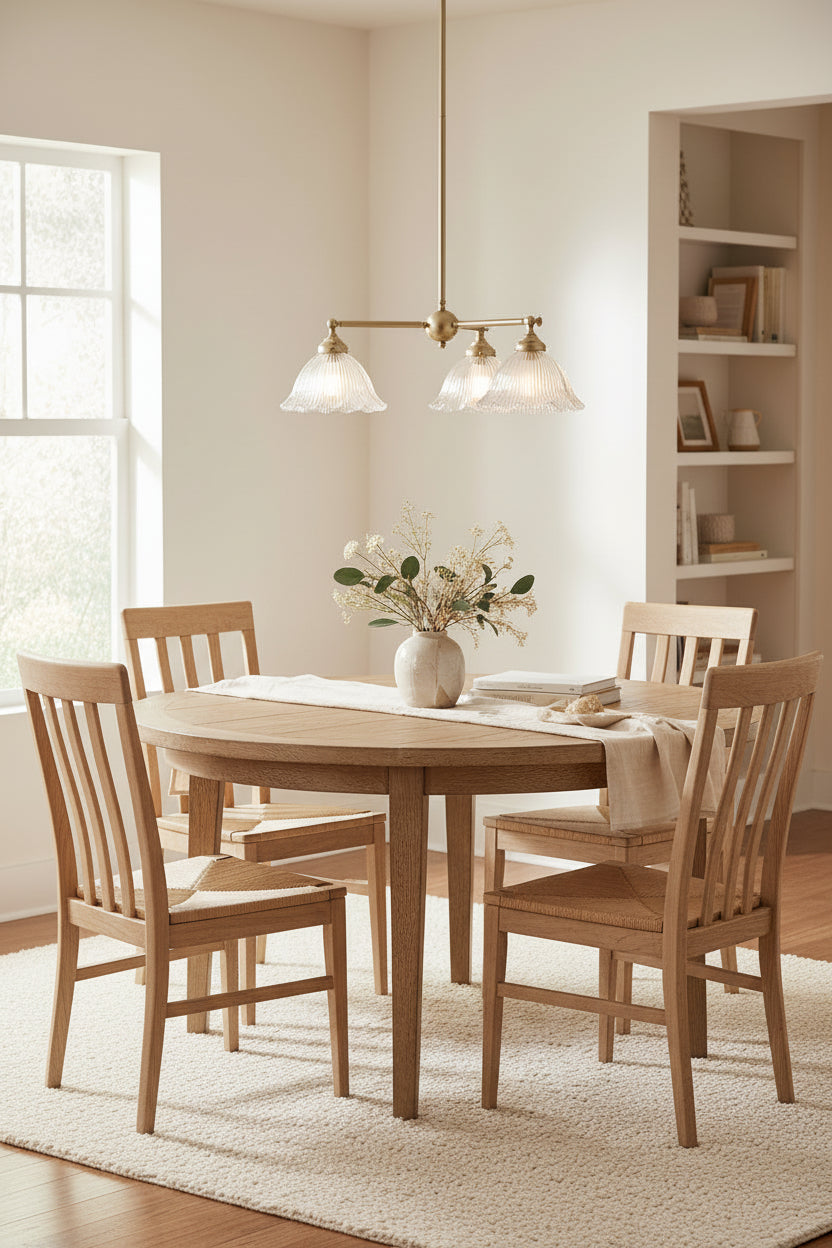 Gold/brass triple arm chandelier with clear reeded glass shades with a frilled edge. 