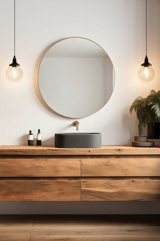 Three pendant light with small clear shades installed in a bathroom.