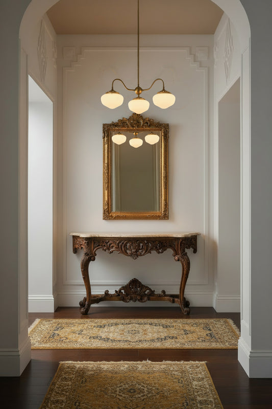 Washington Gooseneck Chandelier with gold brass Steel frame in hallway.