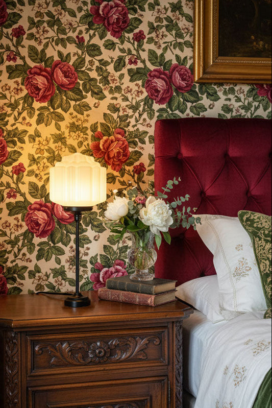 Decorative bedroom with floral wallpaper, red headboard and deco lamp on night stand.