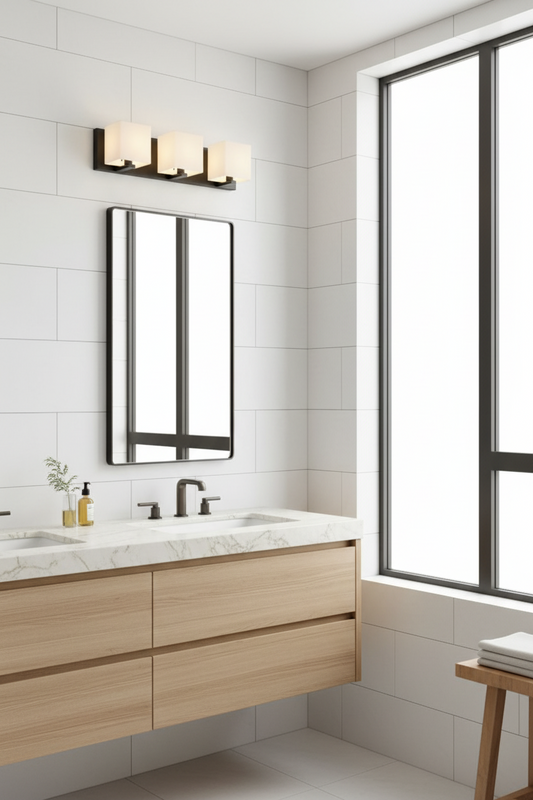 3 light vaniety wall light in a modern bathroom with wooden vanity, marble countertop, and large window.